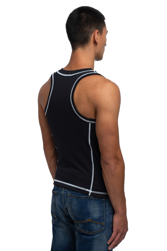 Three quarter back view of racer crew tank in black colorway on model.
