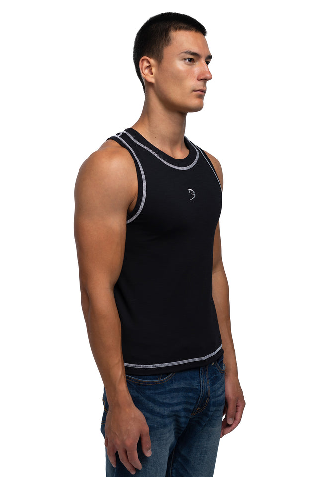 Three quarter front view of racer crew tank in black colorway on model.