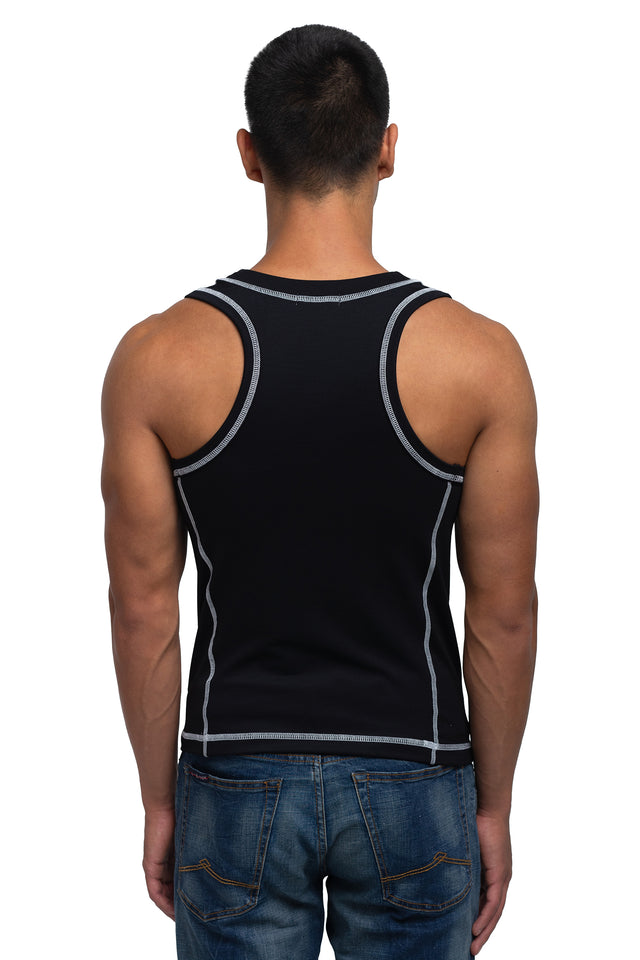 Back view of racer crew tank in black colorway on model.