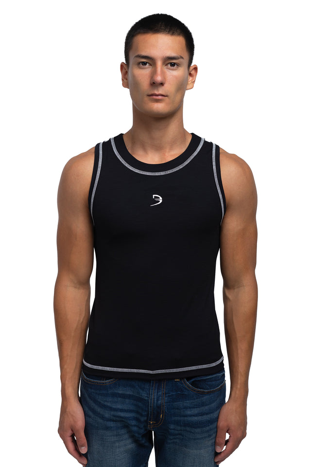 Front view of racer crew tank in black colorway on model.