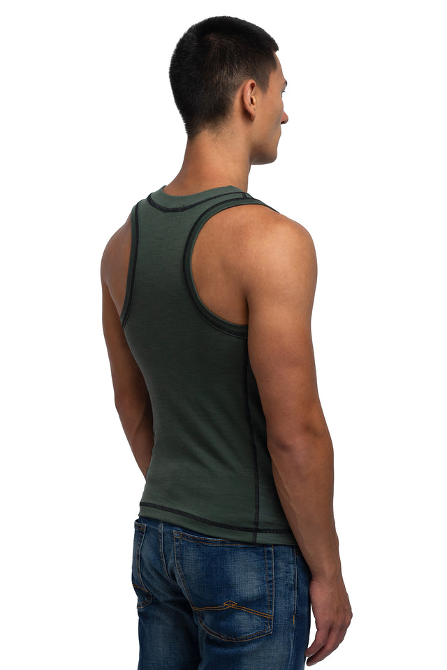 Three quarter back view of racer crew tank in evergreen colorway on model.