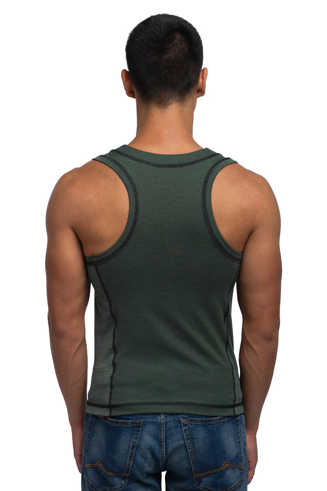 Back view of racer crew tank in evergreen colorway on model.