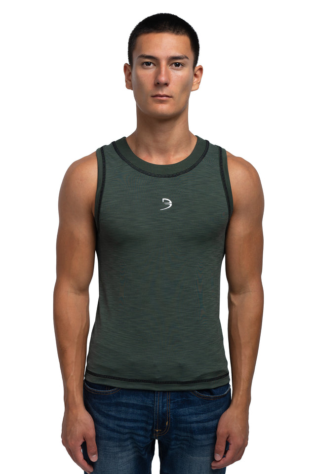 Front view of racer crew tank in evergreen colorway on model.