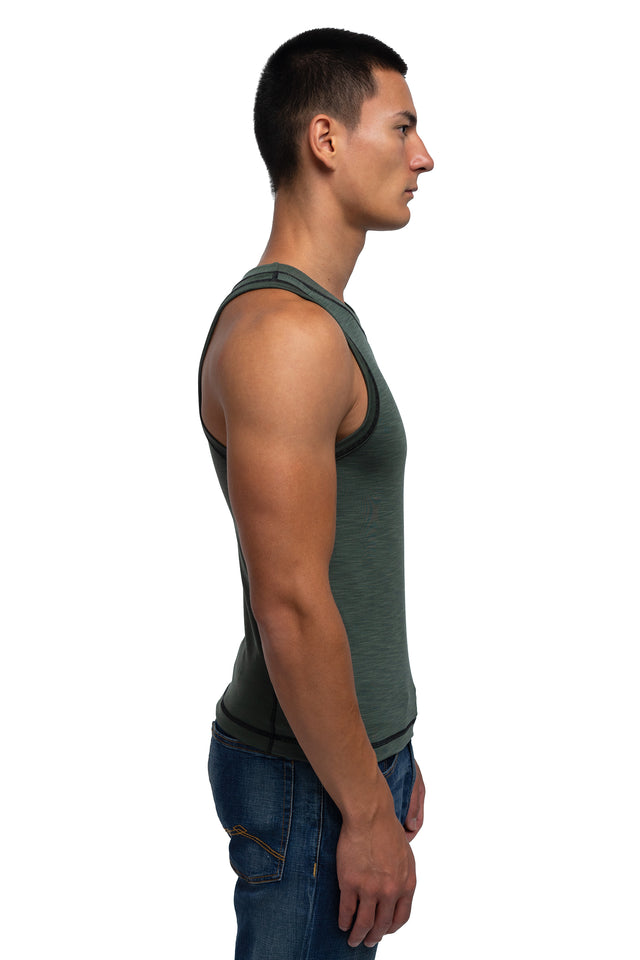 Side view of racer crew tank in evergreen colorway on model.