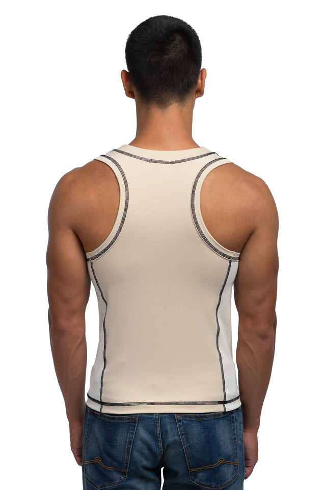 Back view of racer crew tank in ivory colorway on model.