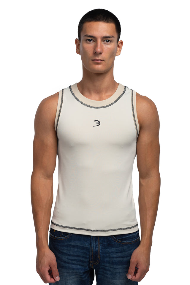 Front view of racer crew tank in ivory colorway on model.