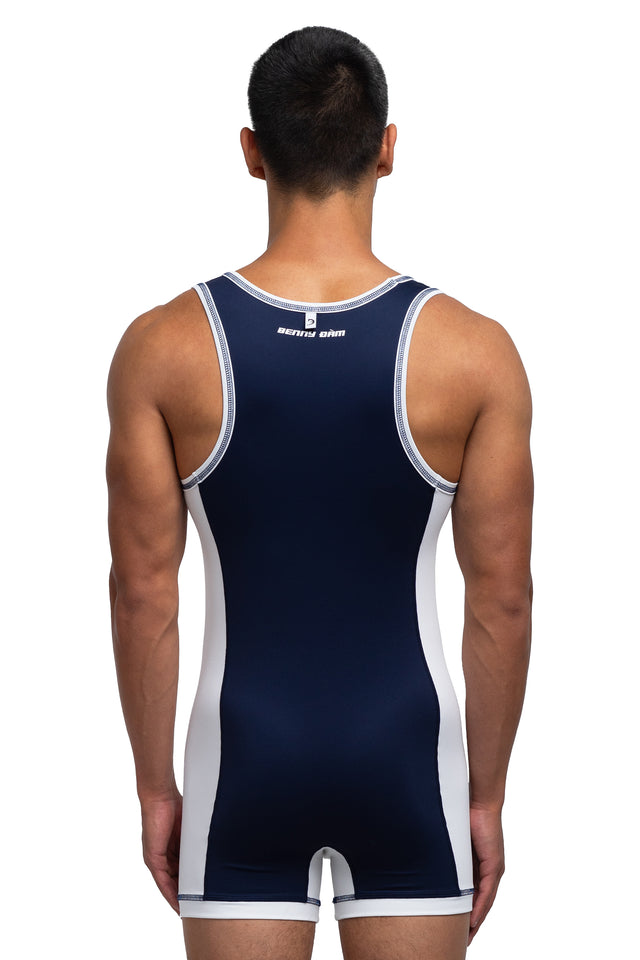 Back view of singlet in midnight blue/white colorway on model.