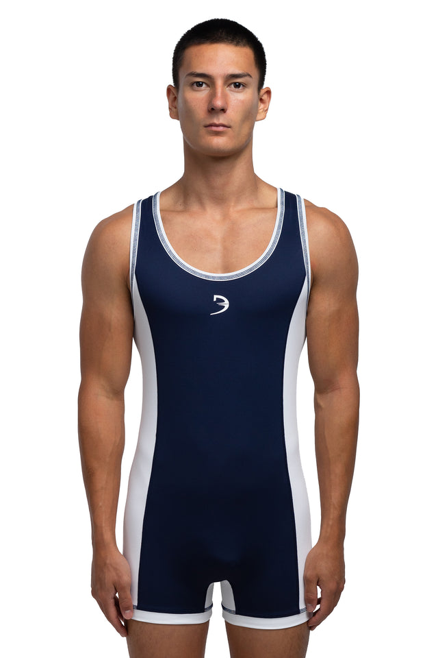 Front view of singlet in midnight blue/white colorway on model.