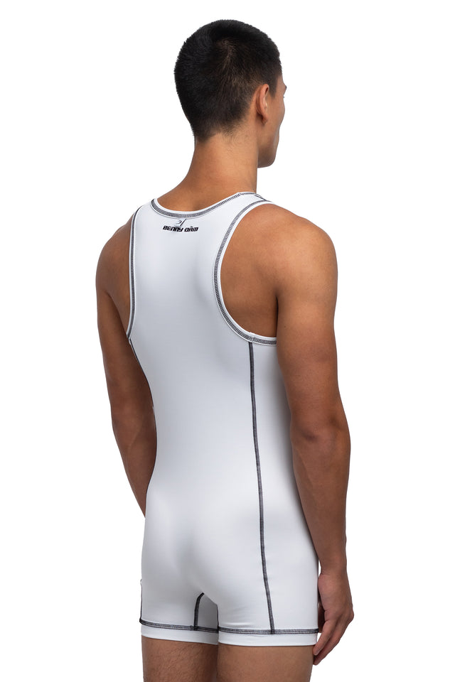 Three quarter back view of singlet in white/white colorway on model.