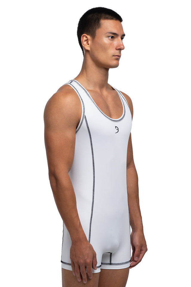 Three quarter front view of singlet in white/white colorway on model.
