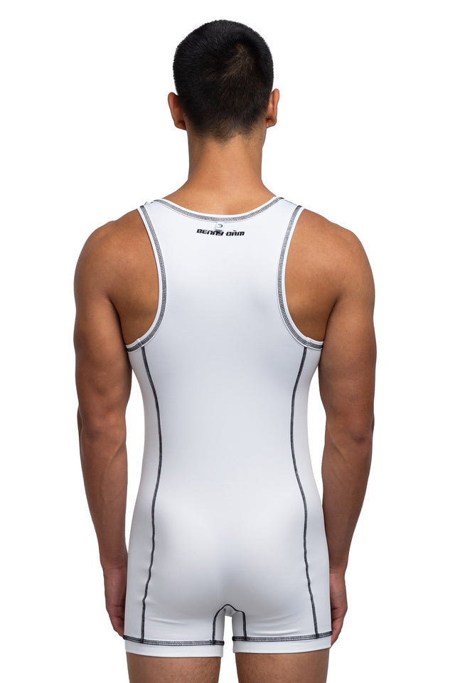 Back view of singlet in white/white colorway on model.