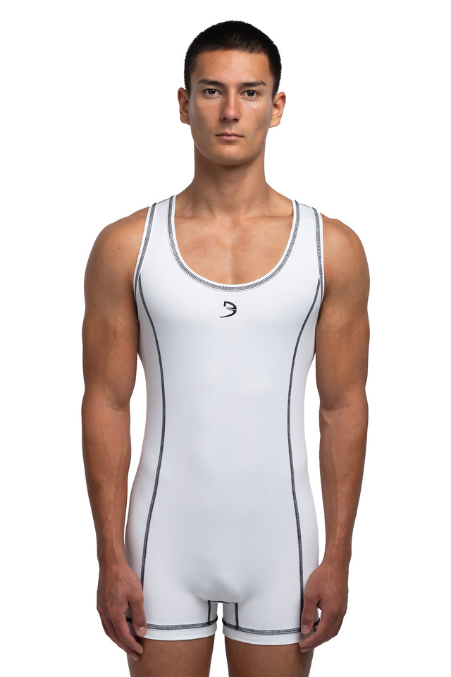 Front view of singlet in white/white colorway on model.