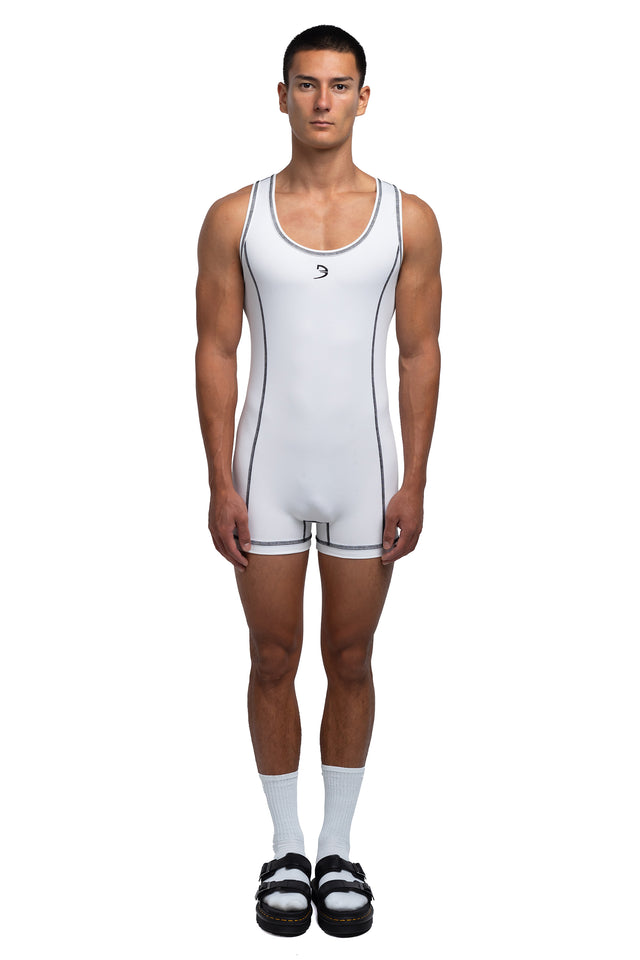 Full body front view of singlet in white/white colorway on model.