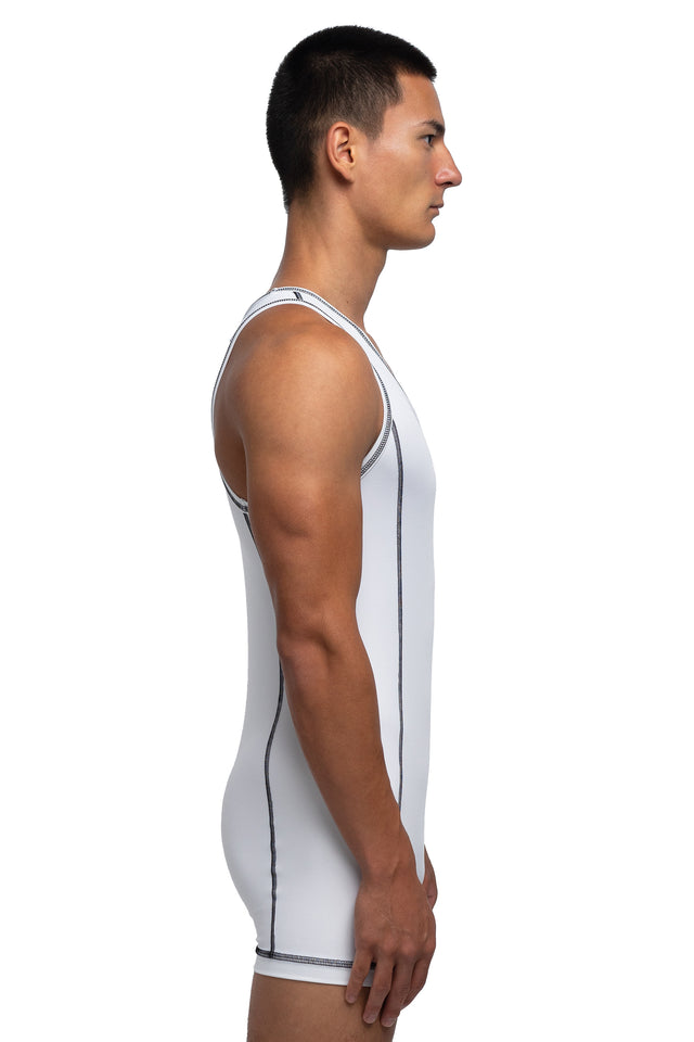 Side view of singlet in white/white colorway on model.