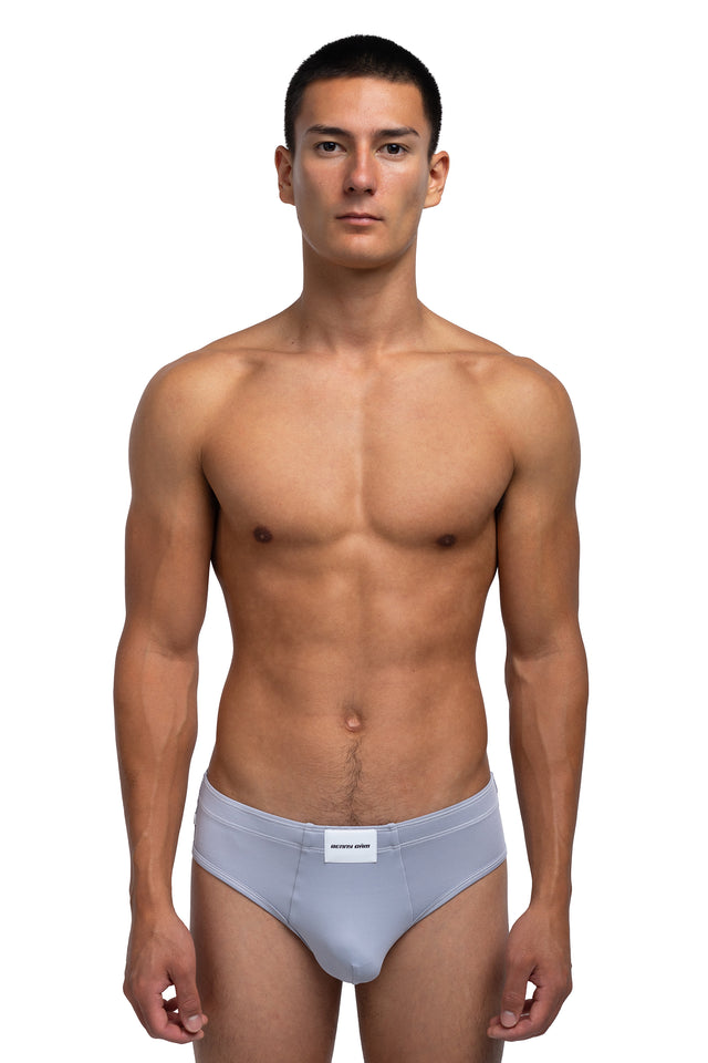Front view of classic briefs underwear on model in slate colorway.