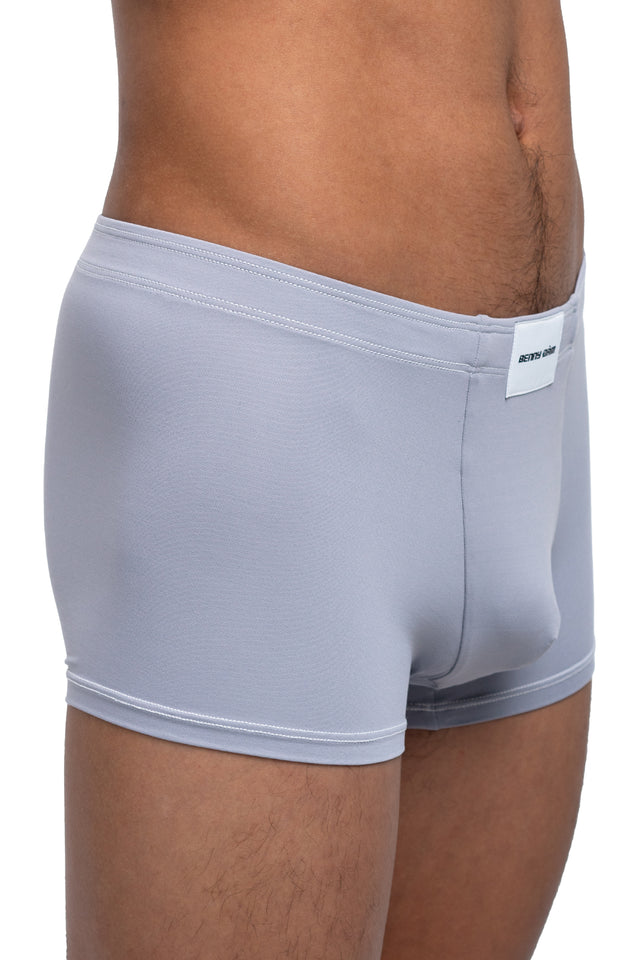 Three quarter front view of boxer briefs underwear on model in slate colorway. (Close up)