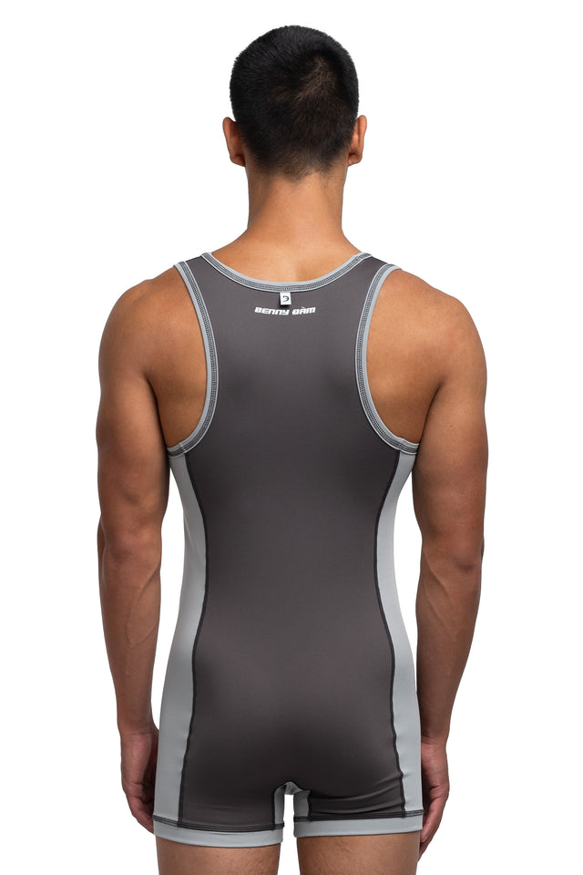 Back view of singlet in graphite/mist colorway on model.